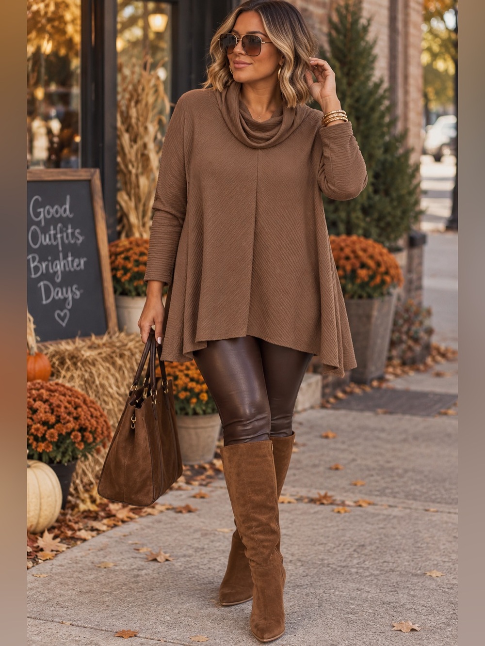 New York & Company Taupe Cowl Neck Knit Tunic Sweater